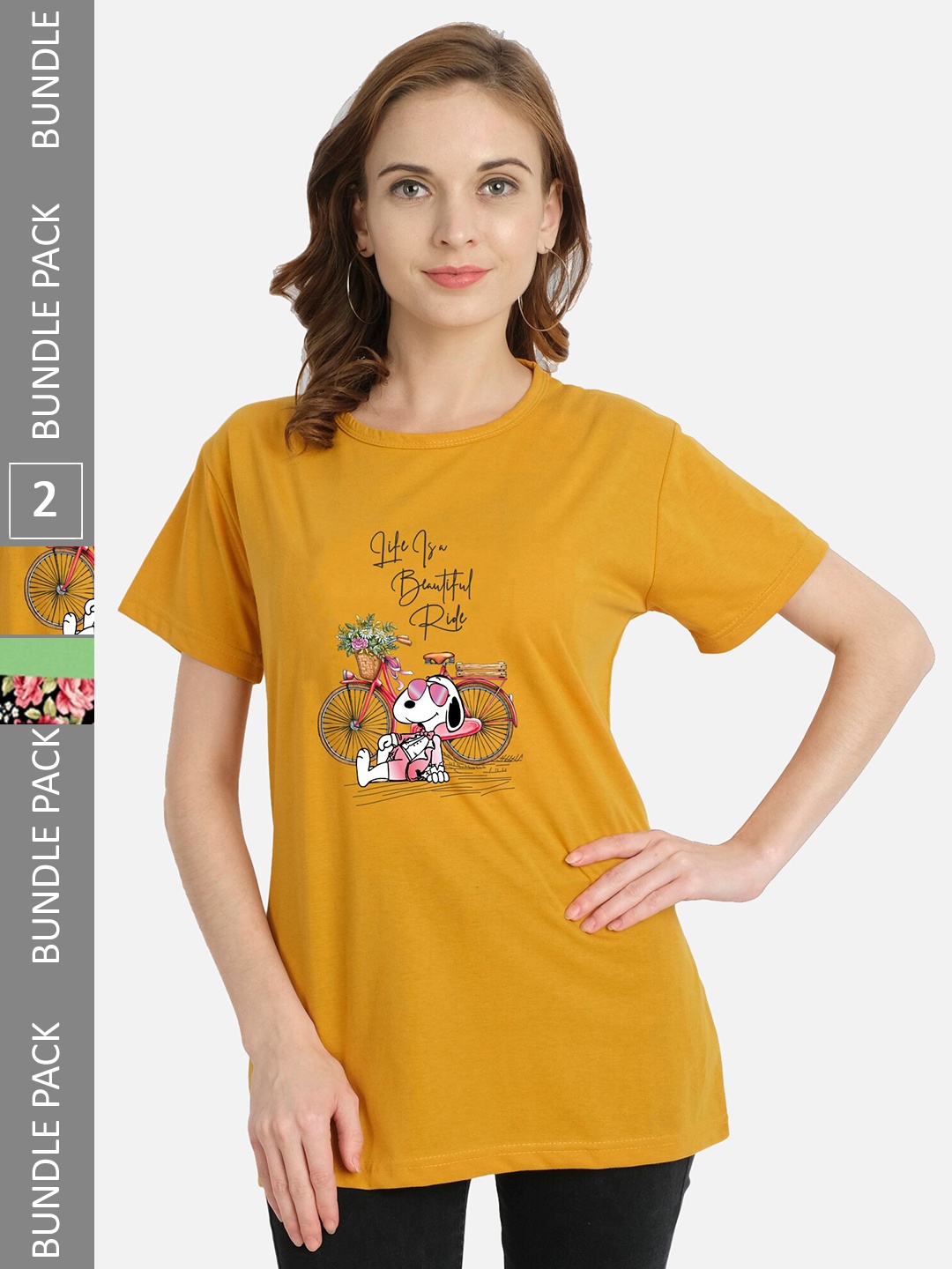 

CHOZI Pack Of 2 Typography Printed Cotton T-shirt, Mustard
