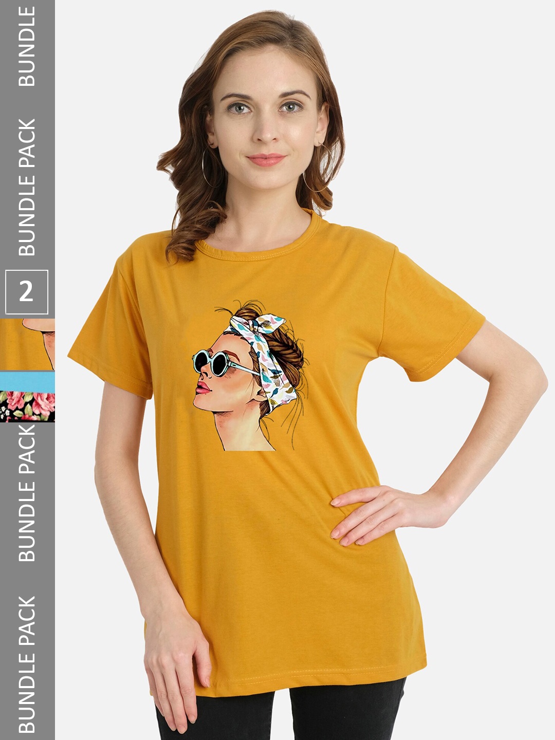 

CHOZI Pack Of 2 Printed Cotton T-shirts, Mustard
