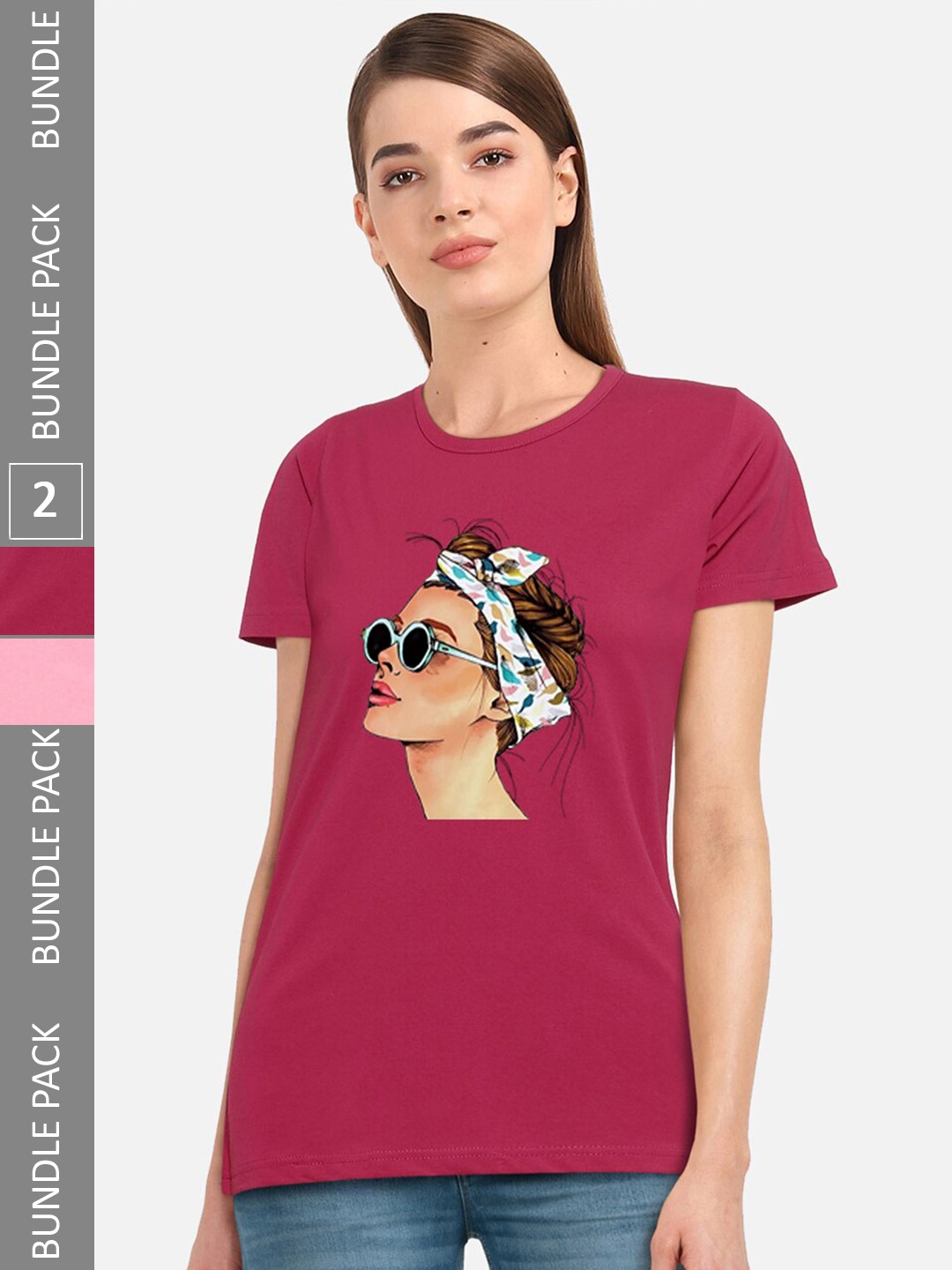 

CHOZI Pack of 2 Graphic Printed Cotton T-shirt, Pink