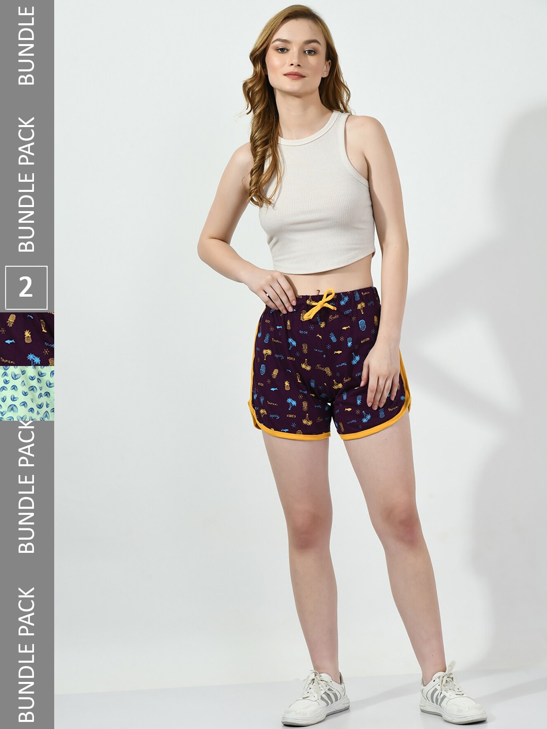 

BAESD Women Pack Of 2 Conversational Printed High-Rise Regular Shorts, Purple