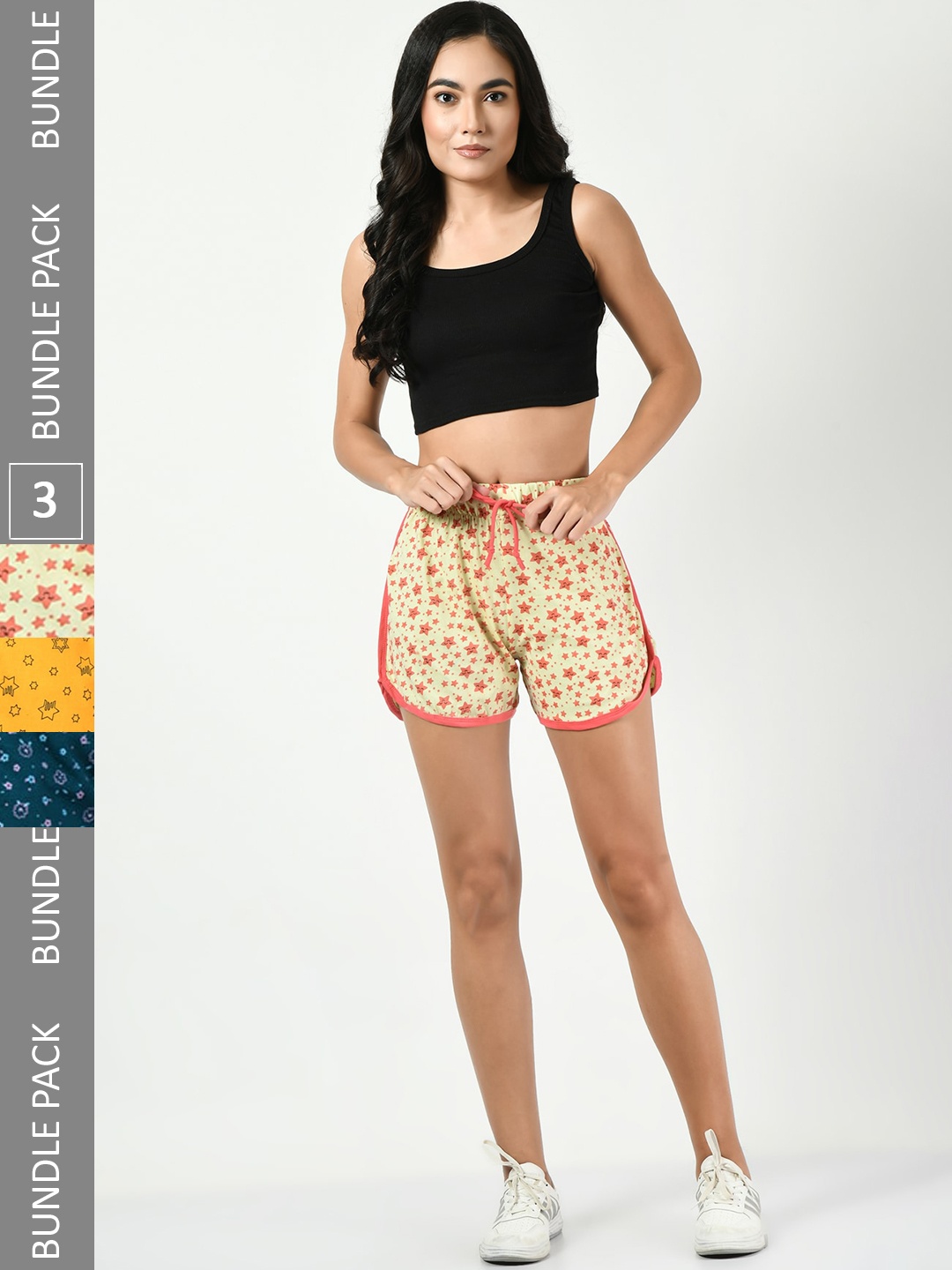 

BAESD Women Pack Of 3 Conversational Printed High-Rise Regular Shorts, Yellow