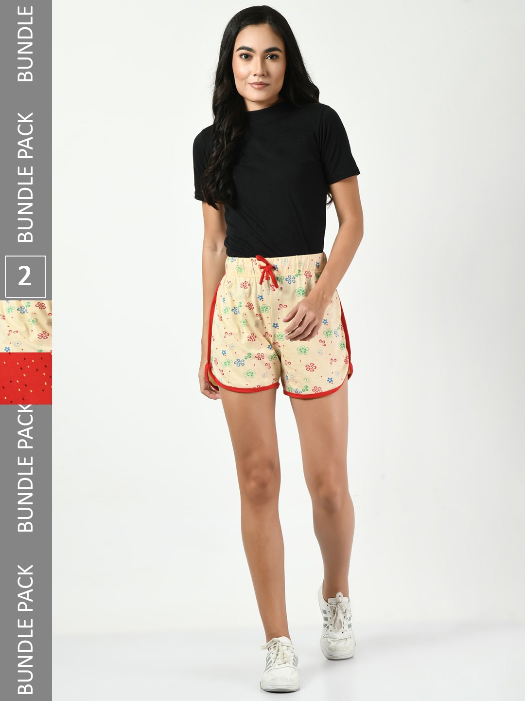 

BAESD Women Pack Of 2 Conversational Printed High-Rise Regular Shorts, Yellow