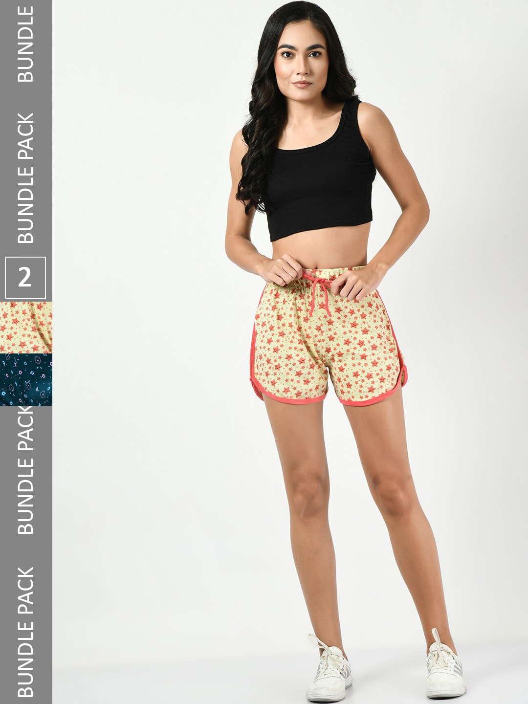 

BAESD Women Pack Of 2 Conversational Printed High-Rise Regular Shorts, Yellow