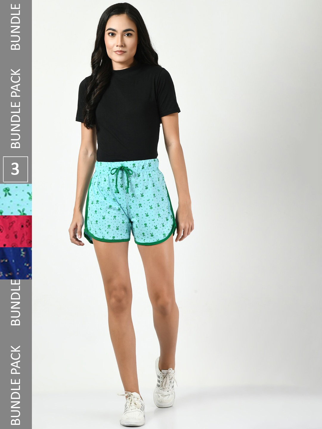 

BAESD Women Pack of 3 Conversational Printed High-Rise Pure Cotton Shorts, Green