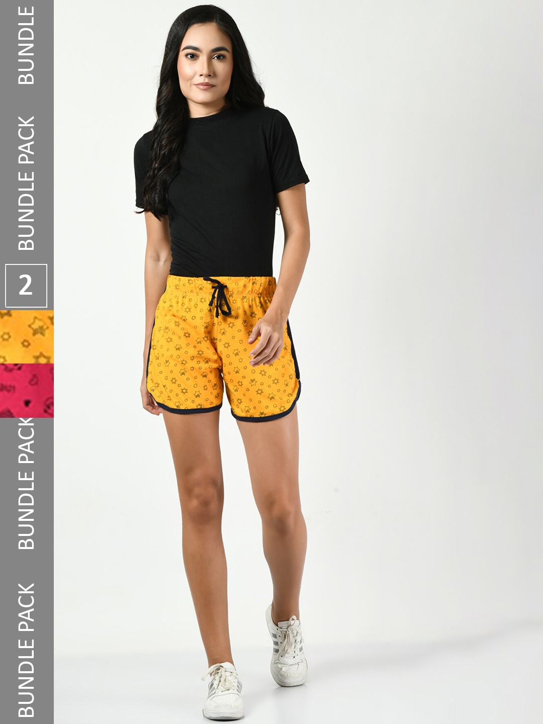 

BAESD Women Pack of 2 Conversational Printed High-Rise Pure Cotton Shorts, Yellow