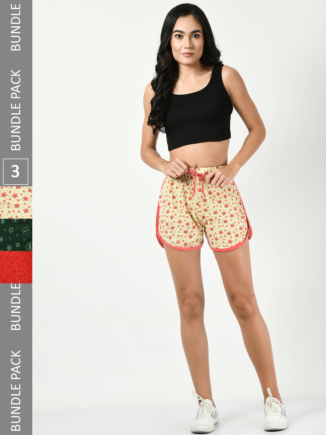 

BAESD Women Pack of 3 Conversational Printed High-Rise Pure Cotton Shorts, Cream
