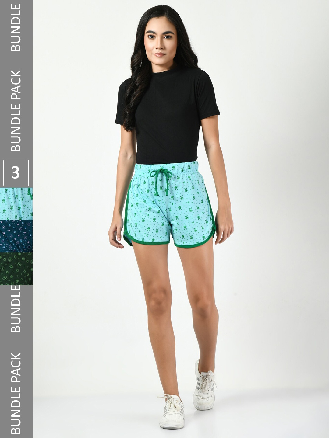 

BAESD Women Pack of 3 Conversational Printed High-Rise Pure Cotton Shorts, Green
