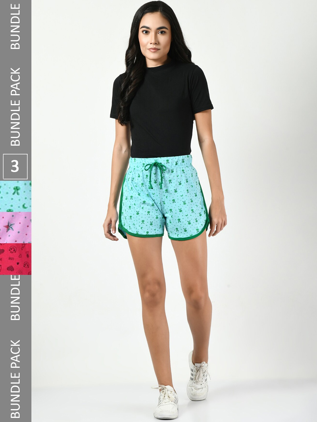 

BAESD Women Pack of 3 Conversational Printed High-Rise Pure Cotton Shorts, Green