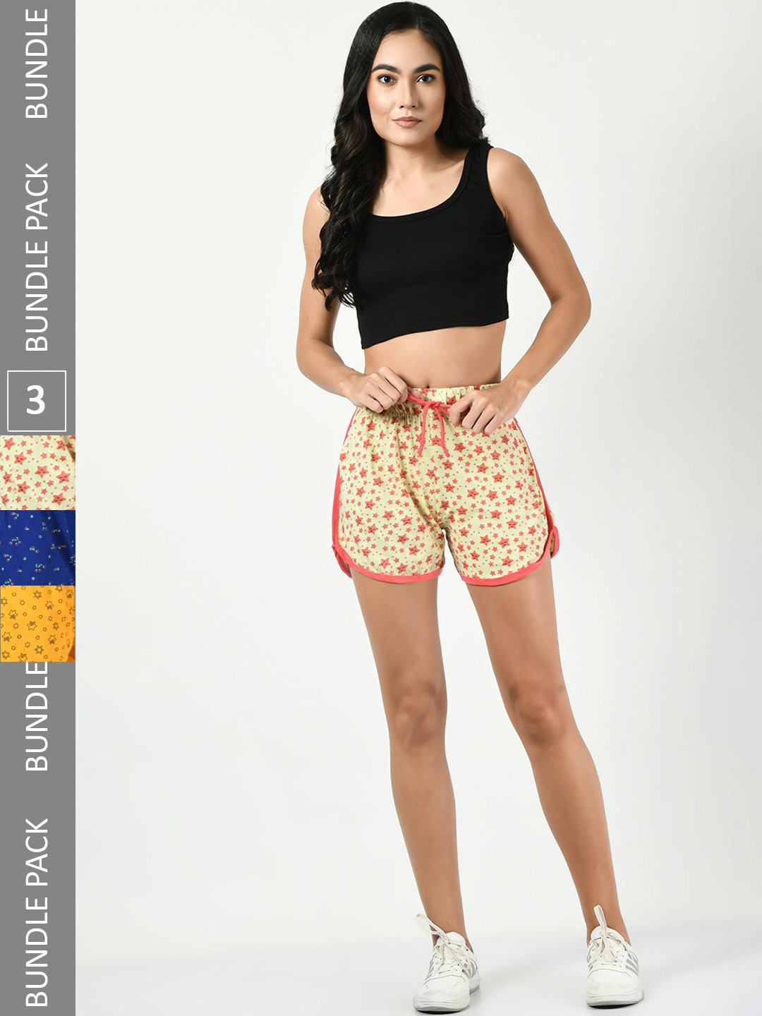 

BAESD Women Pack of 3 Conversational Printed High-Rise Pure Cotton Shorts, Cream