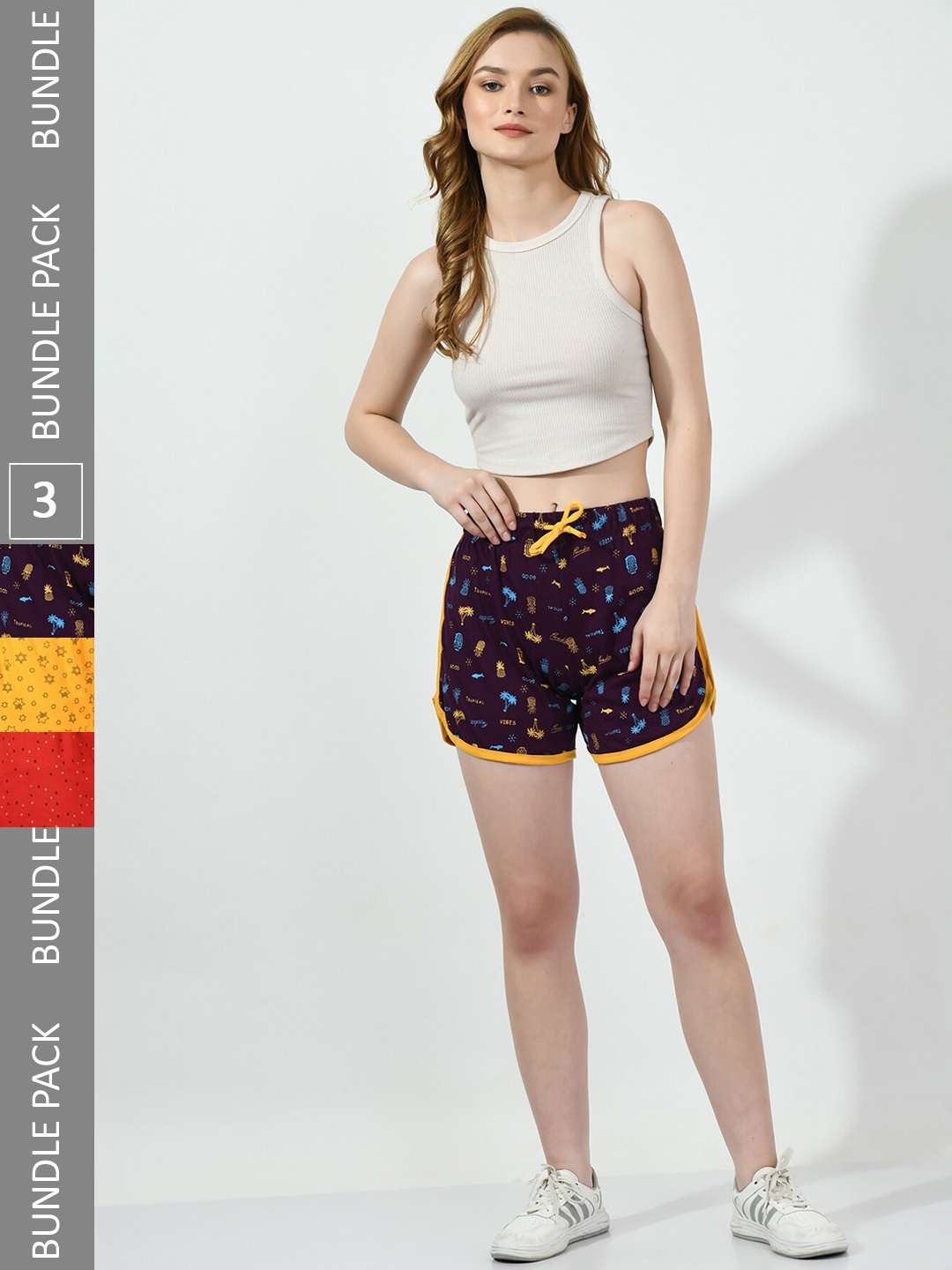 

BAESD Women Pack Of 3 Conversational Printed High-Rise Pure Cotton Shorts, Purple