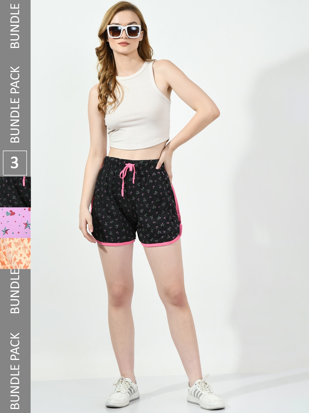 

BAESD Women Pack Of 3 Conversational Printed High-Rise Pure Cotton Shorts, Peach