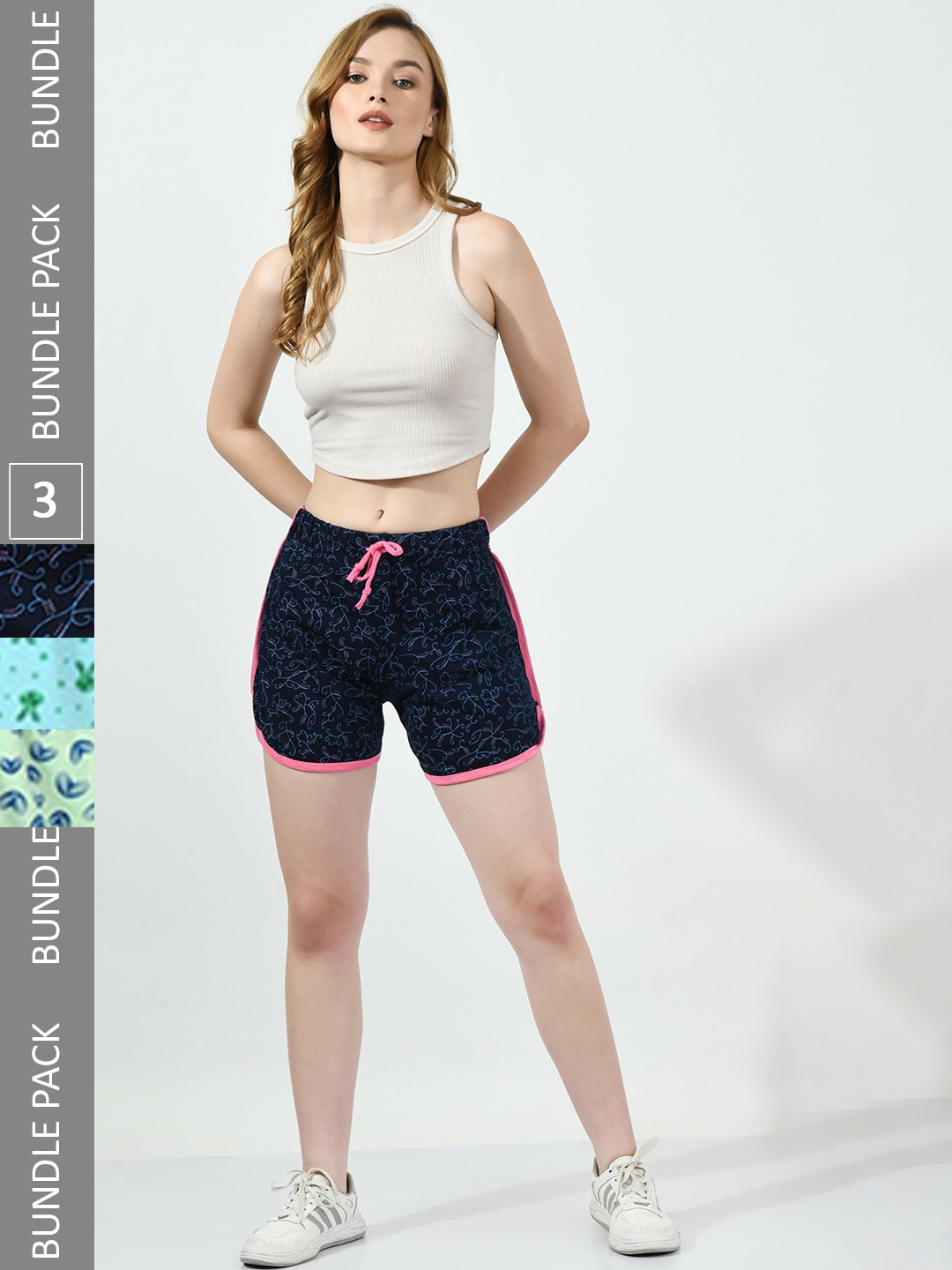 

BAESD Women Pack Of 3 Conversational Printed High-Rise Pure Cotton Shorts, Navy blue