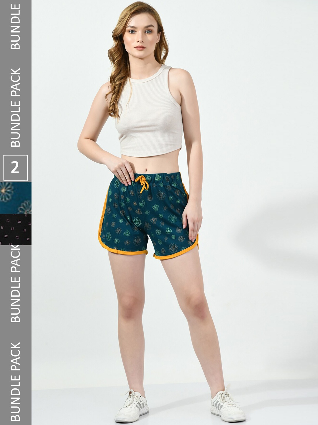 

BAESD Women Pack Of 2 Floral Printed High-Rise Pure Cotton Shorts, Green