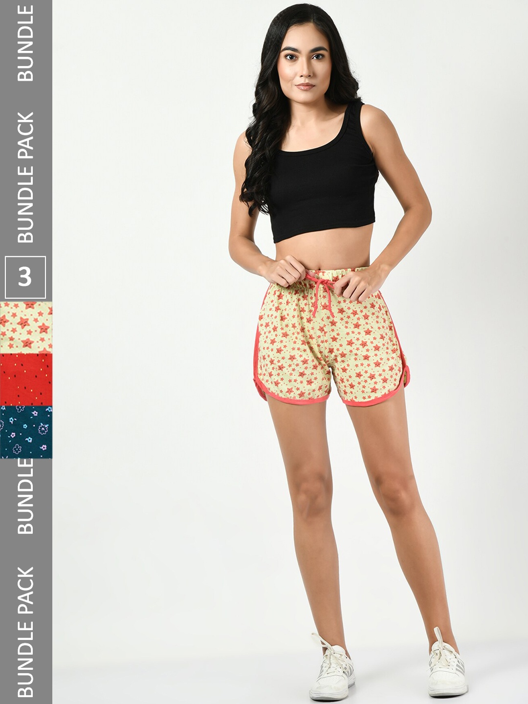 

BAESD Women Pack Of 3 Printed Pure Cotton High-Rise Shorts, Cream