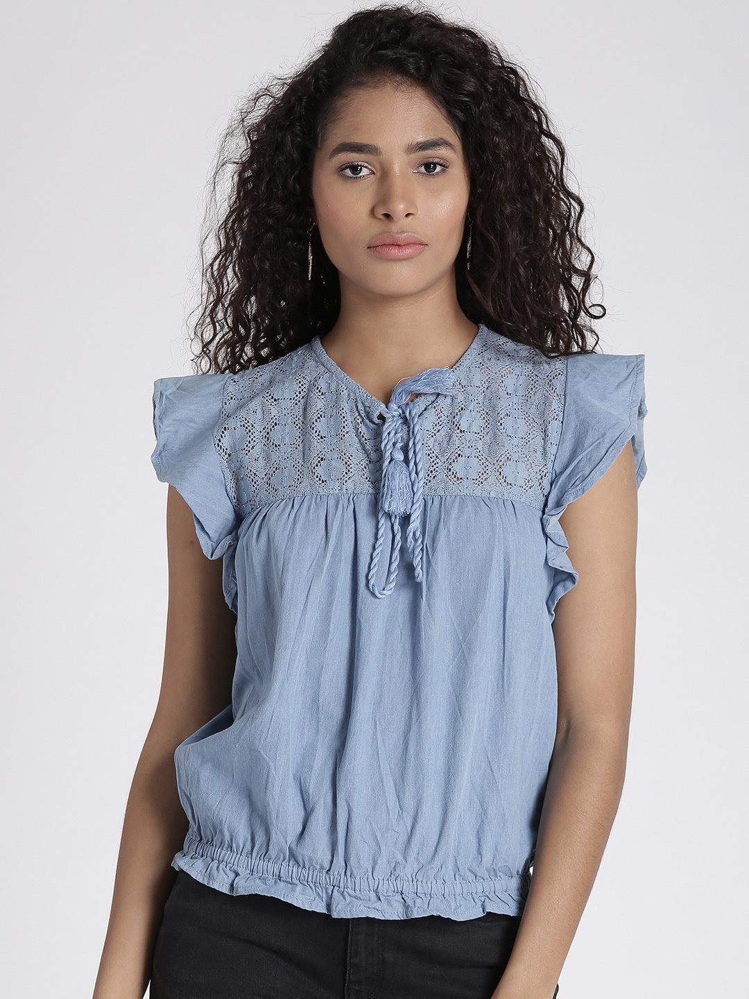 

Splash Women Blue Lace Detail Blouson Pure Cotton Top
