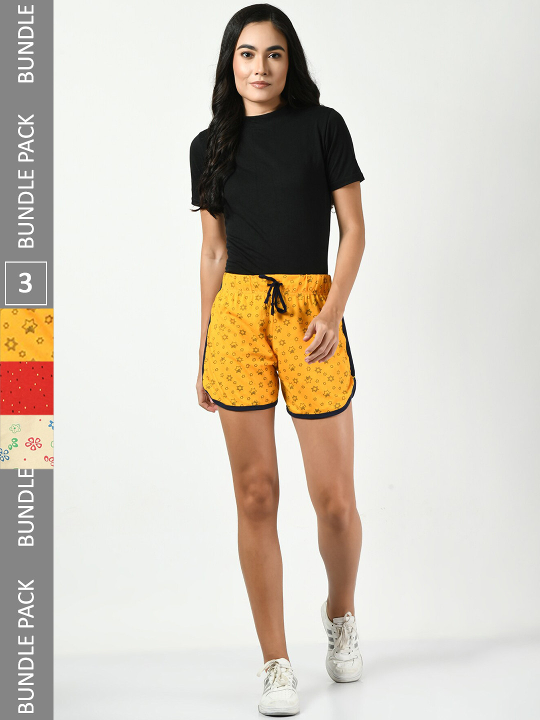 

BAESD Pack Of 3 Printed Pure Cotton High-Rise Shorts, Yellow
