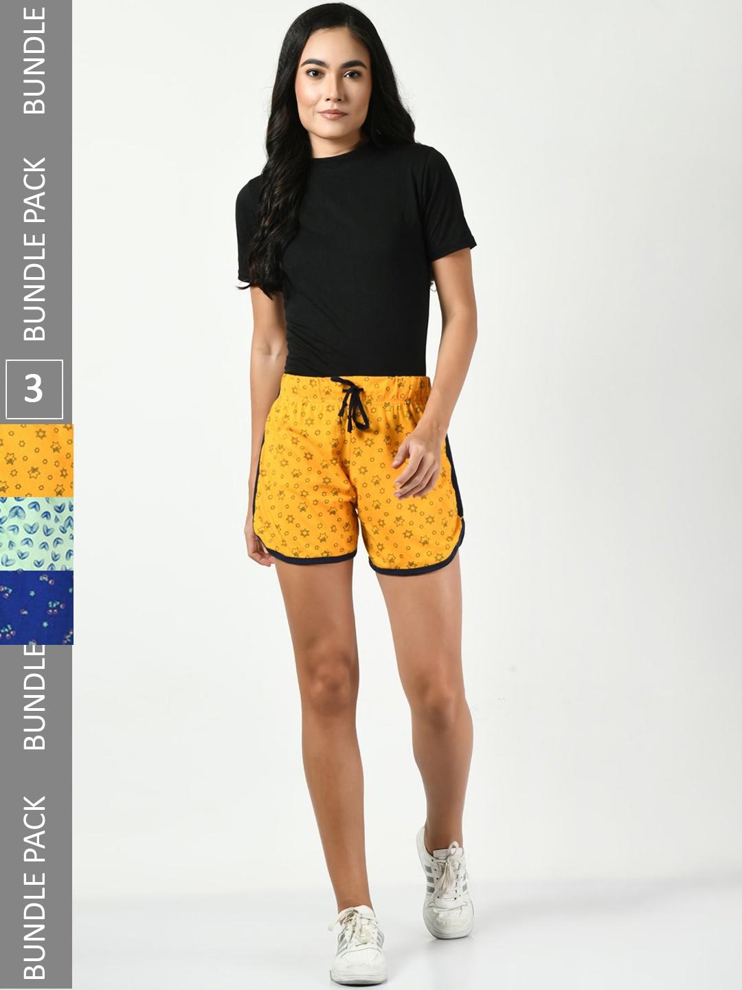 

BAESD Women Pack Of 3 Printed Cotton High-Rise Shorts, Yellow