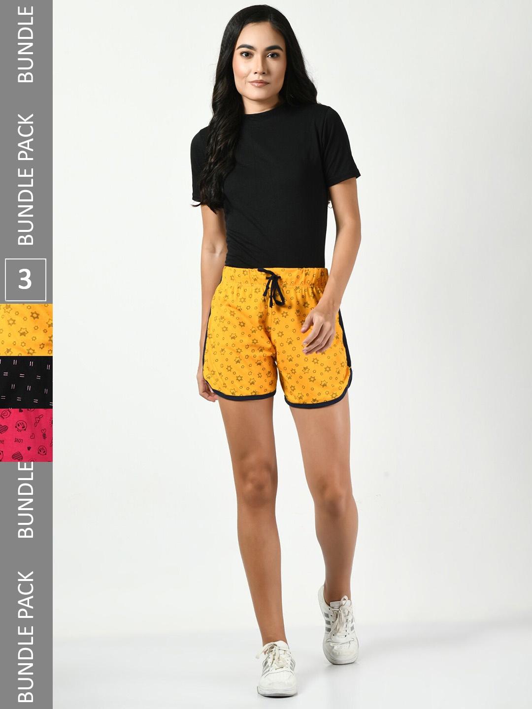 

BAESD Women Pack Of 3 Printed Cotton High-Rise Shorts, Yellow