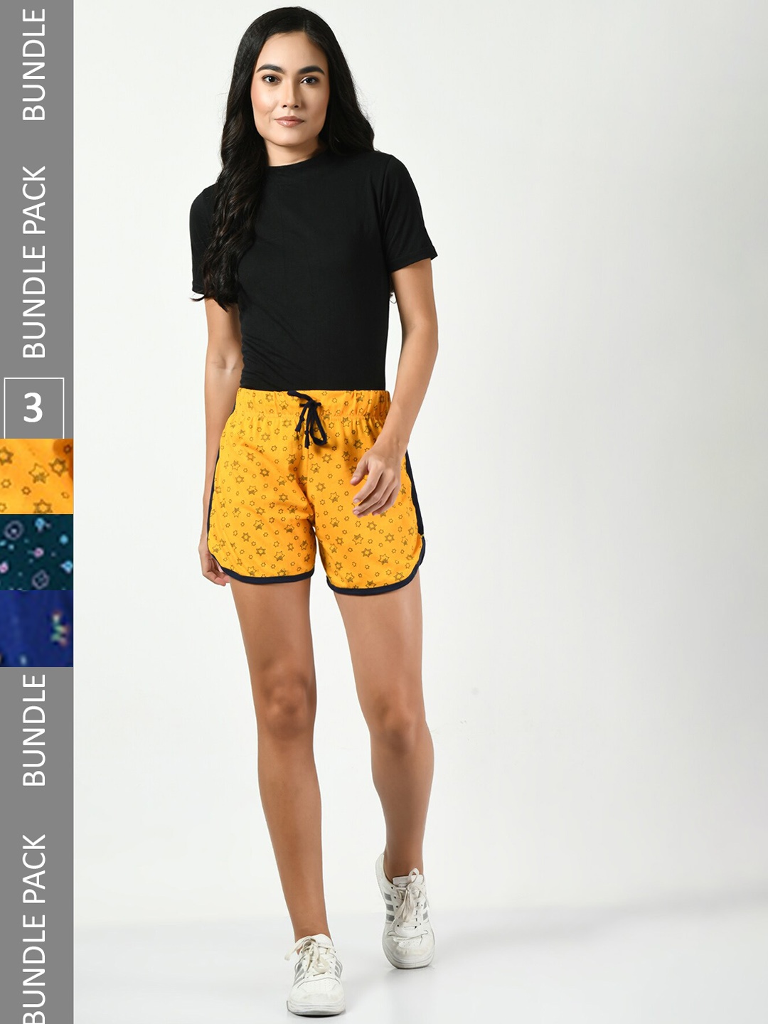 

BAESD Women Pack Of 3 Printed High-Rise Pure Cotton Shorts, Yellow