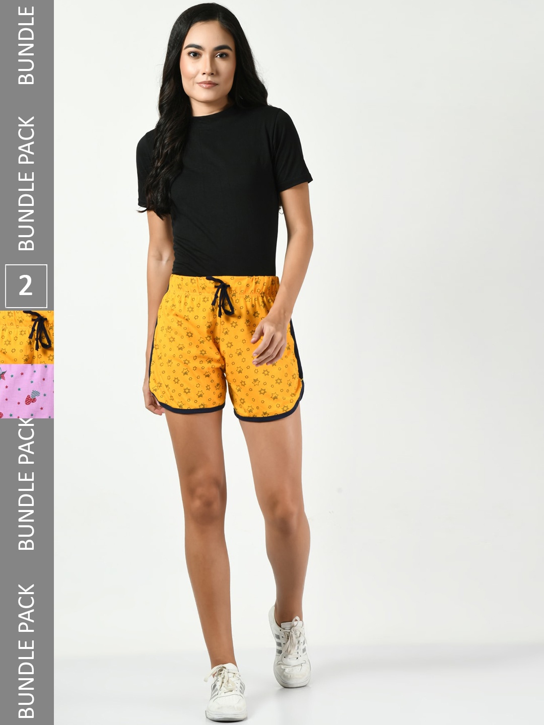 

BAESD Women Pack Of 2 Printed High-Rise Pure Cotton Shorts, Yellow