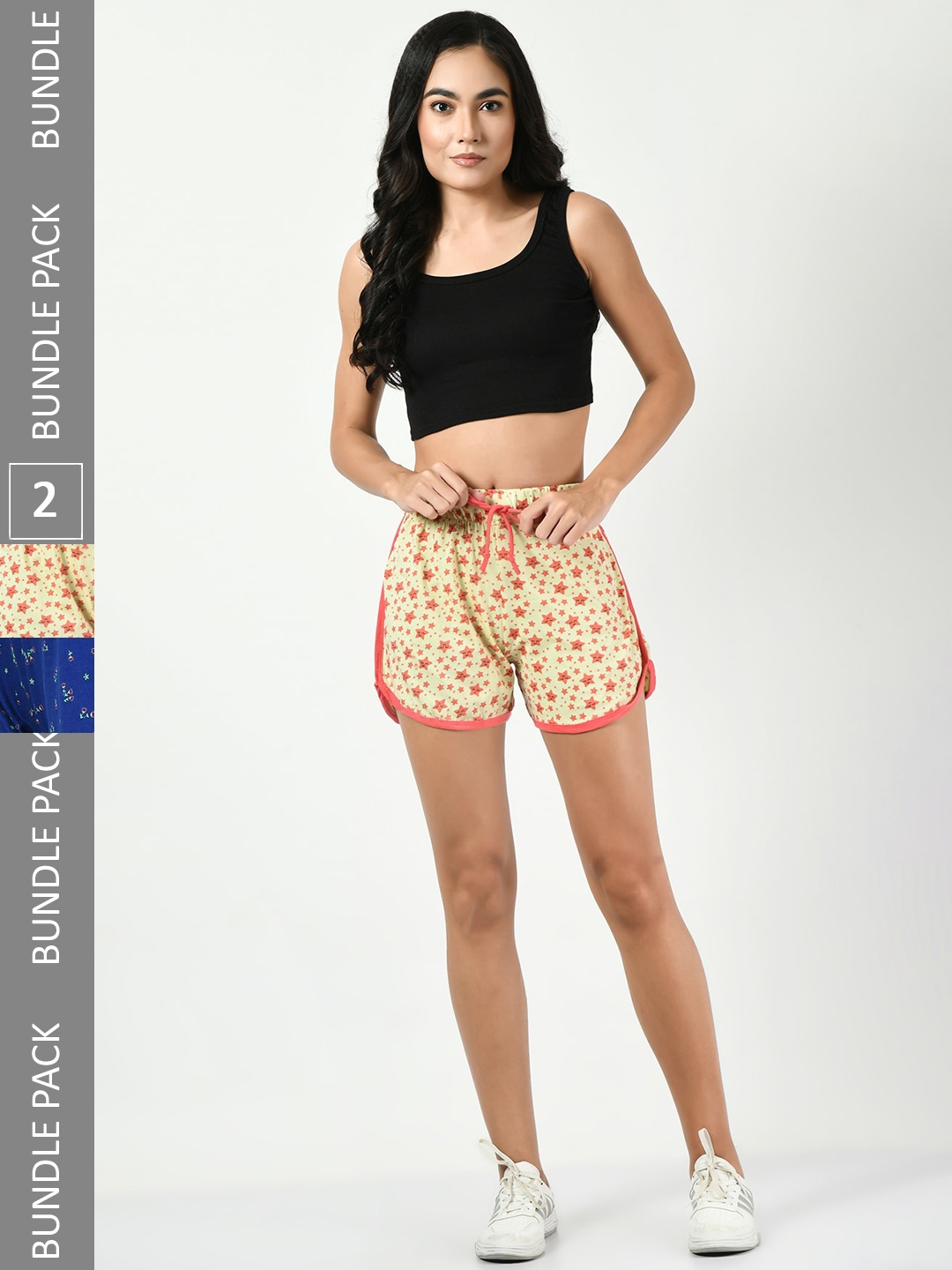 

BAESD Women Pack Of 2 Printed High-Rise Pure Cotton Shorts, Beige