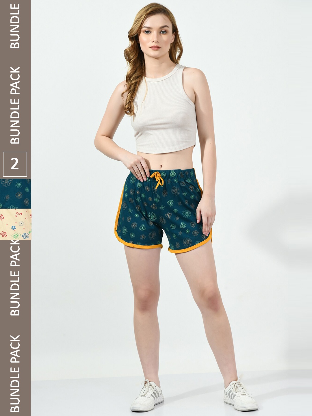 

BAESD Women Pack Of 2 Printed High-Rise Pure Cotton Shorts, Teal