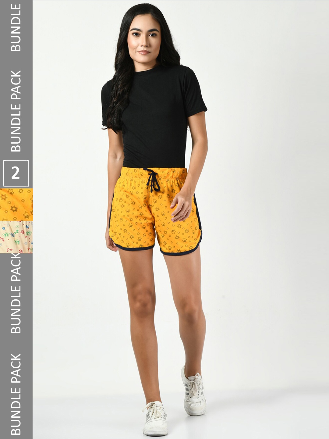 

BAESD Women Pack of 2 Printed High-Rise Cotton Shorts, Yellow