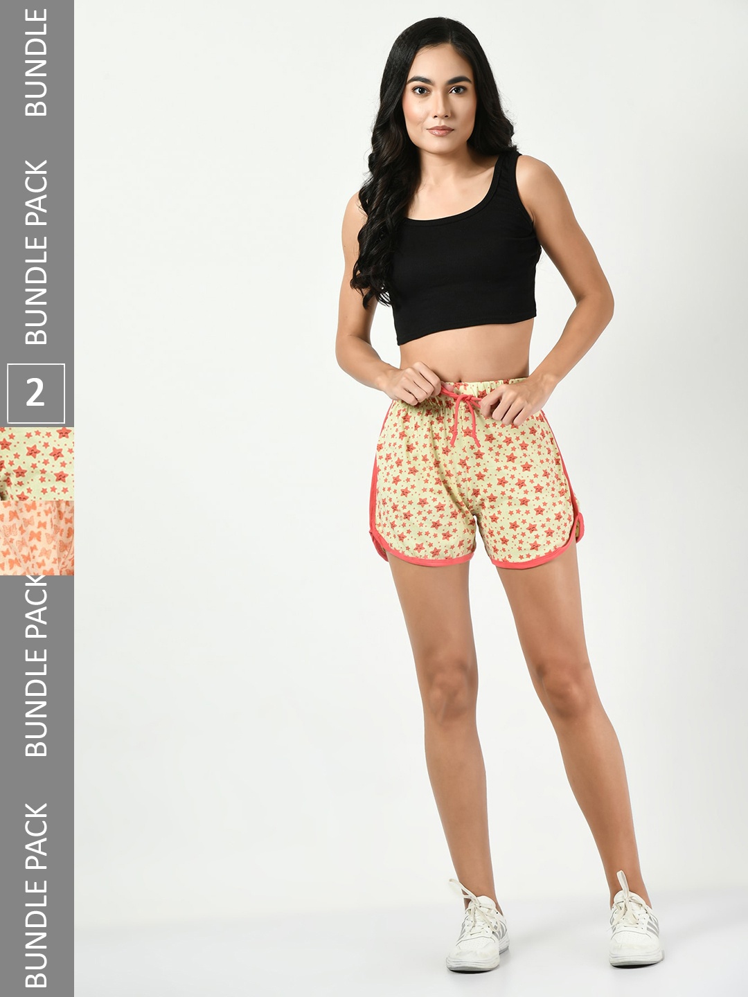 

BAESD Pack Of 2 Women Printed High-Rise Pure Cotton Shorts, Yellow