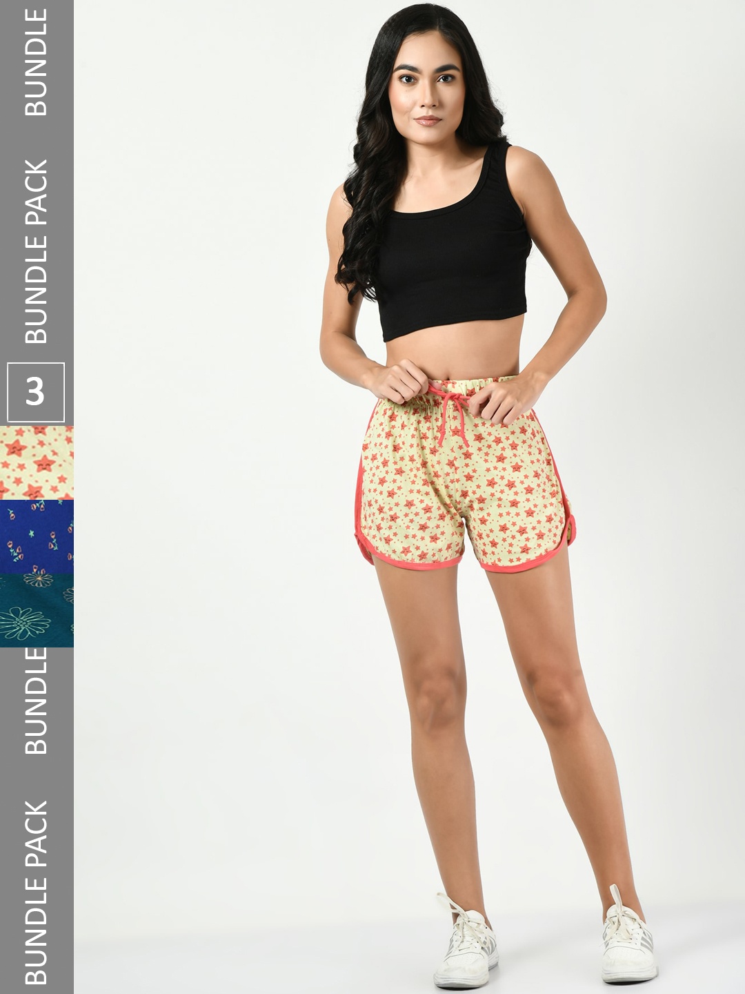 

BAESD Pack Of 3 Women Printed High-Rise Pure Cotton Shorts, Yellow