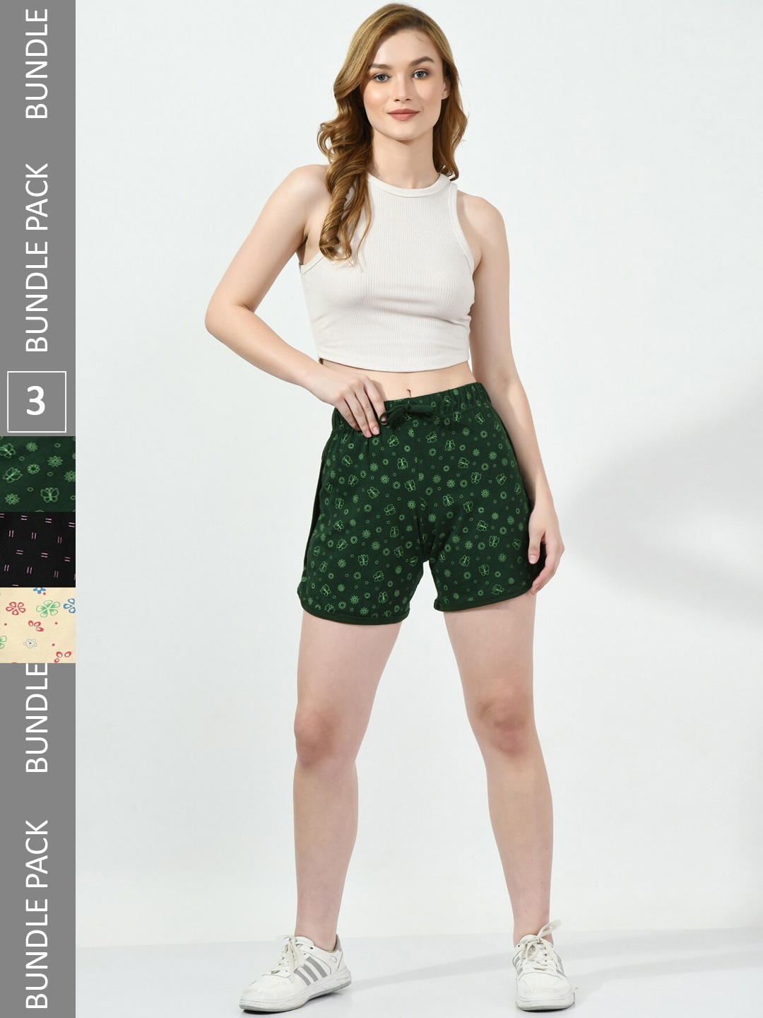 

BAESD Women Pack Of 3 Conversational Printed High-Rise Pure Cotton Shorts, Green