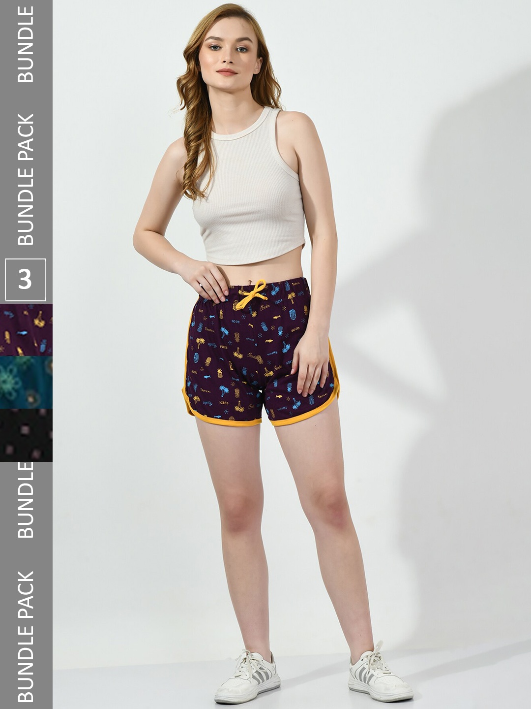

BAESD Women Pack Of 3 Conversational Printed High-Rise Pure Cotton Shorts, Purple