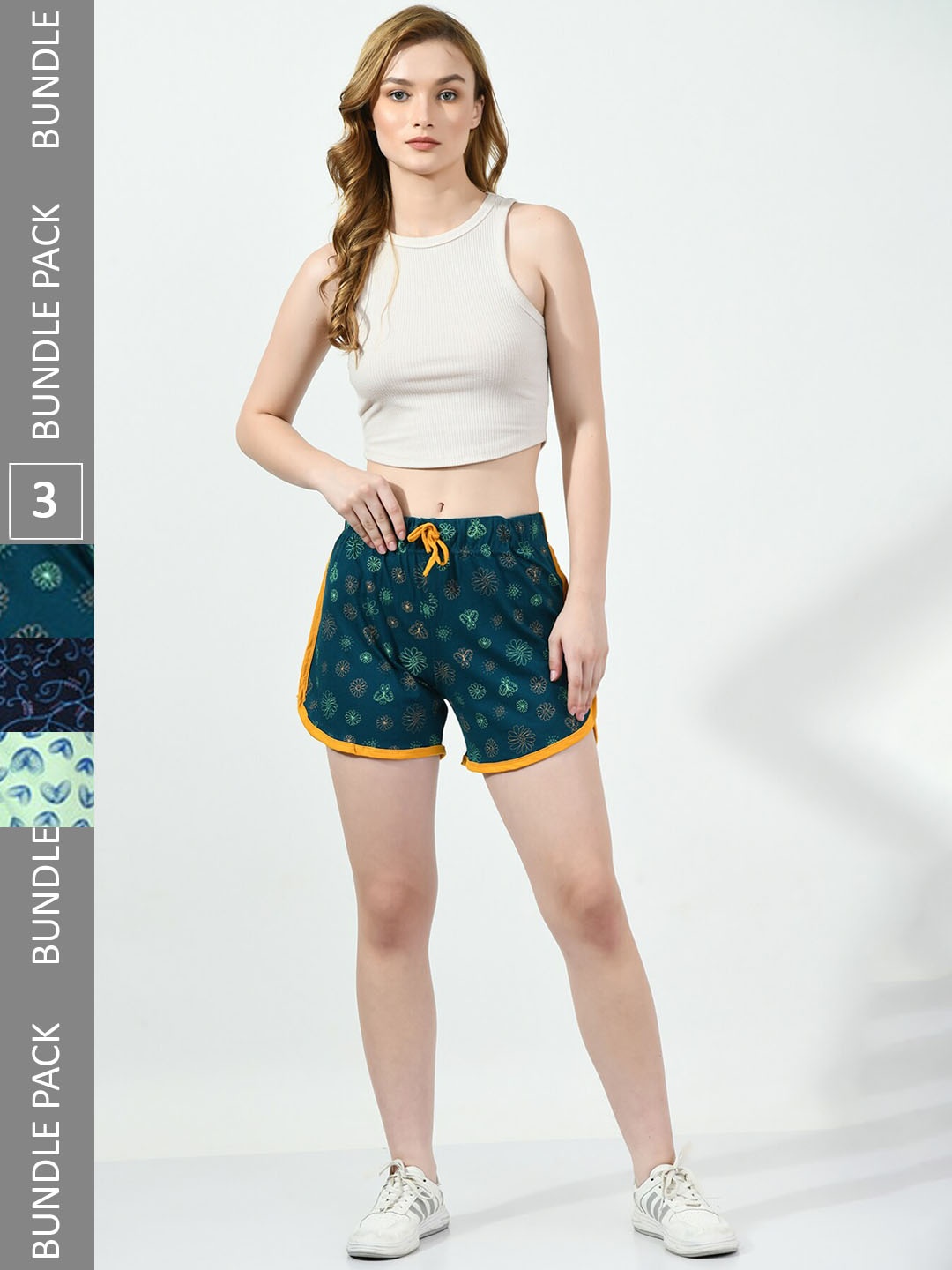

BAESD Women Pack Of 3 Printed High-Rise Cotton Shorts, Green