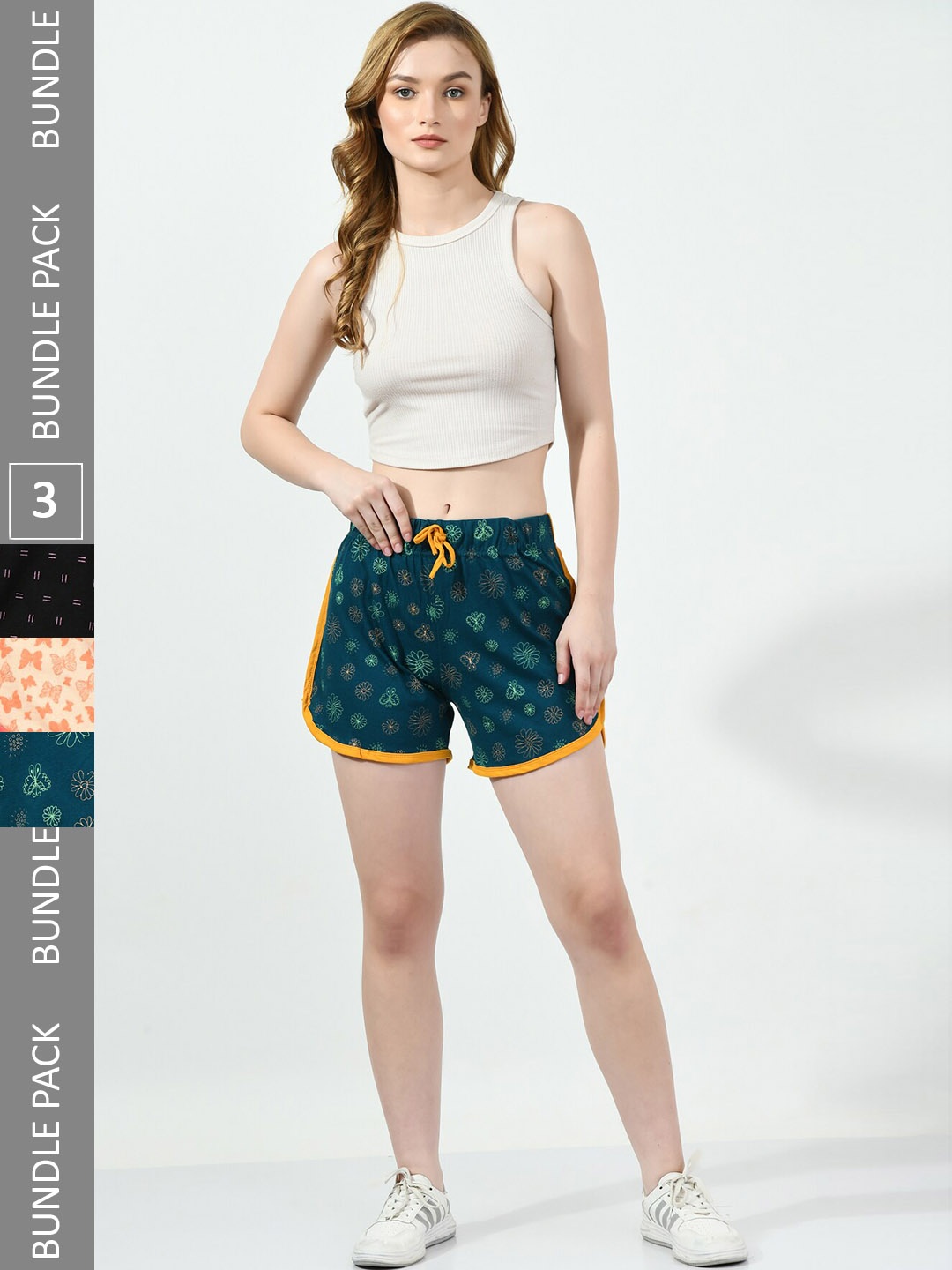 

BAESD Women Pack of 3 Printed Regular Fit High-Rise Cotton Regular Shorts, Green