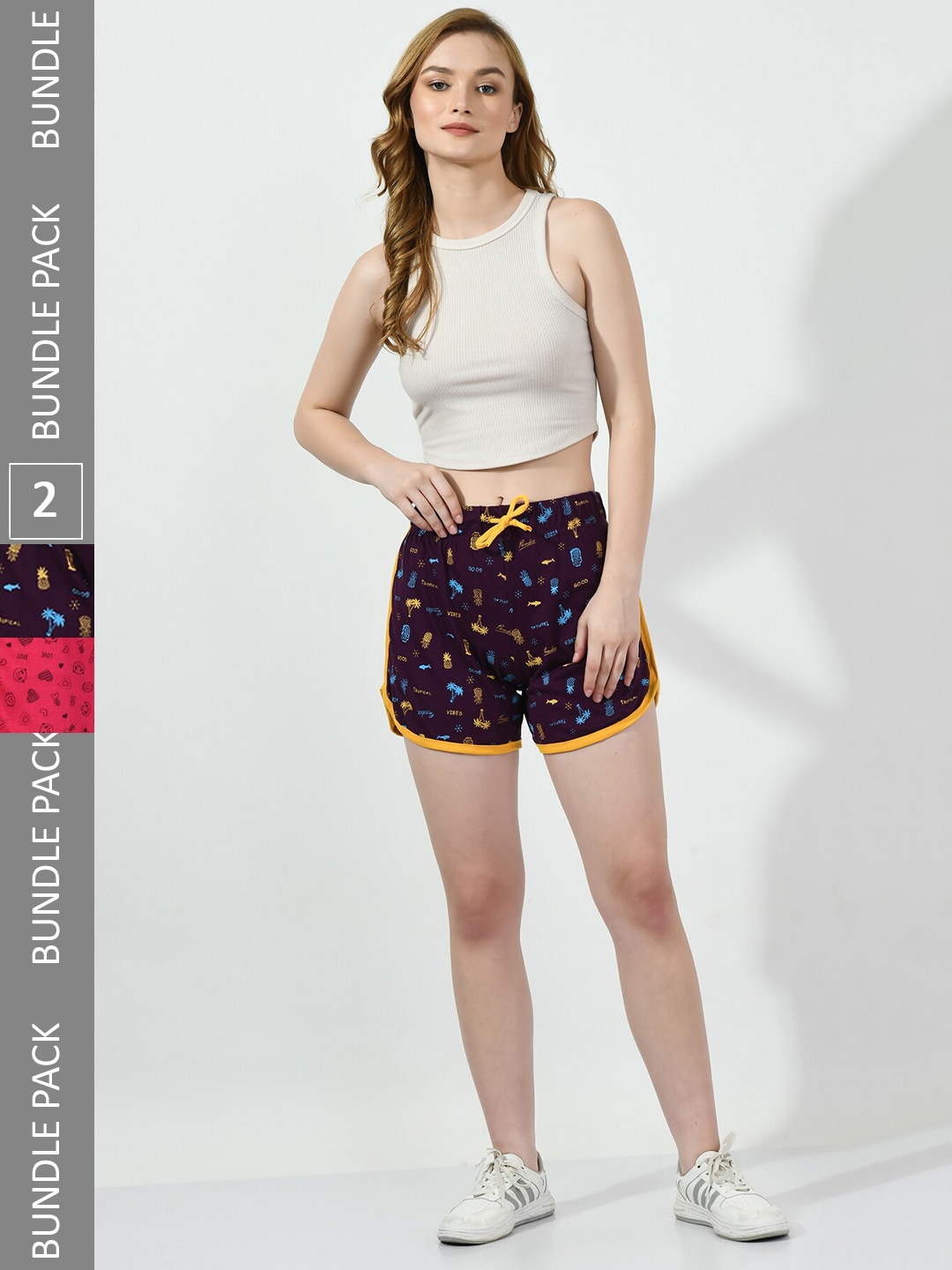 

BAESD Women Pack Of 2 Printed High-Rise Pure Cotton Shorts, Purple