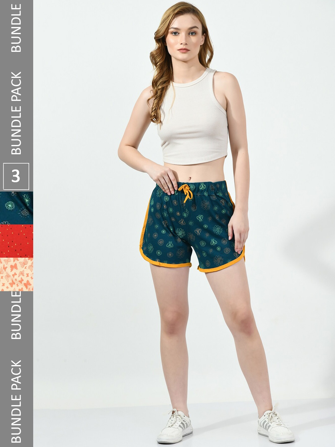 

BAESD Women Pack of 3 Printed High-Rise Pure Cotton Shorts, Teal