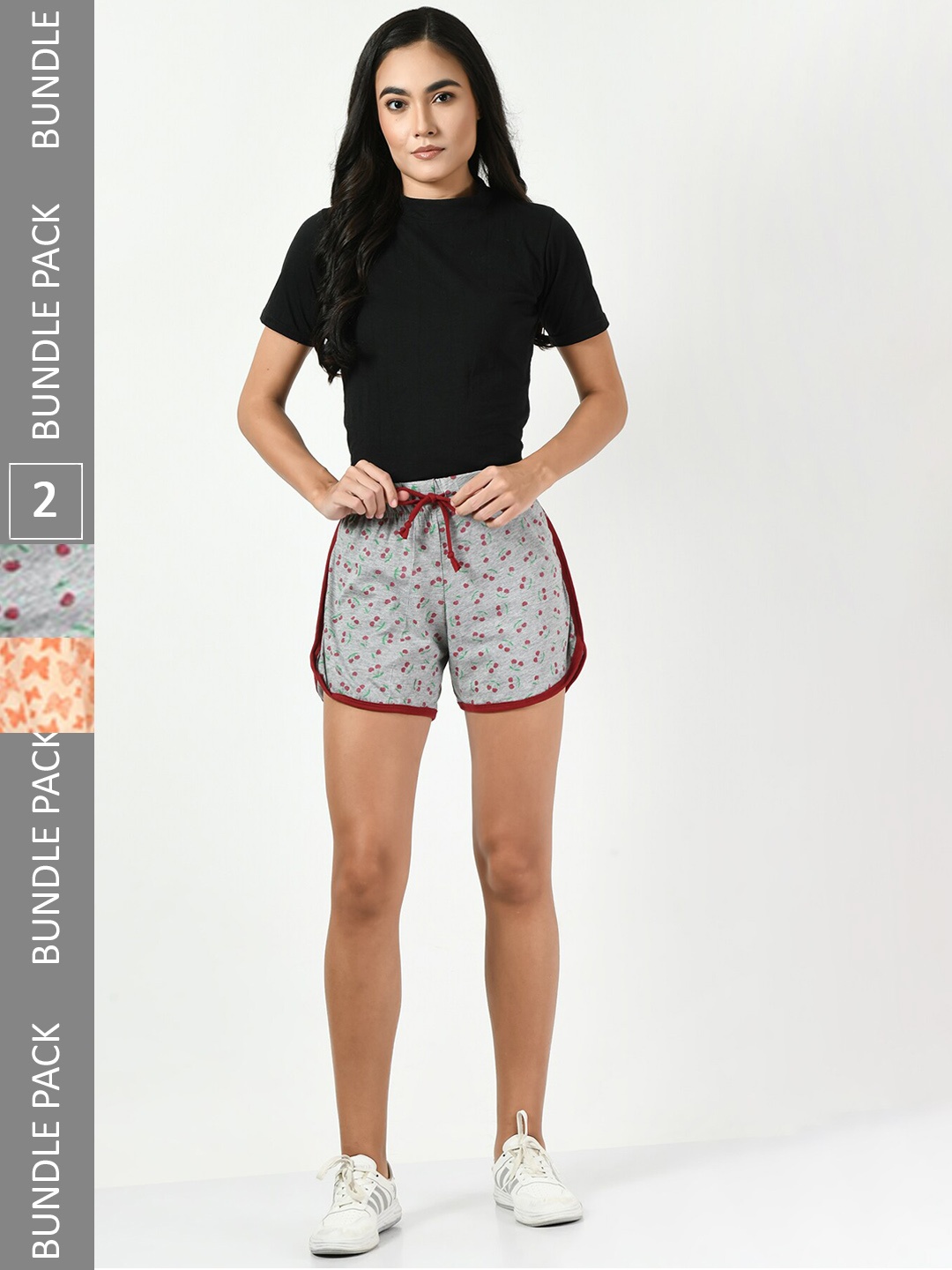

BAESD Women Pack of 2 Printed High-Rise Pure Cotton Shorts, Grey
