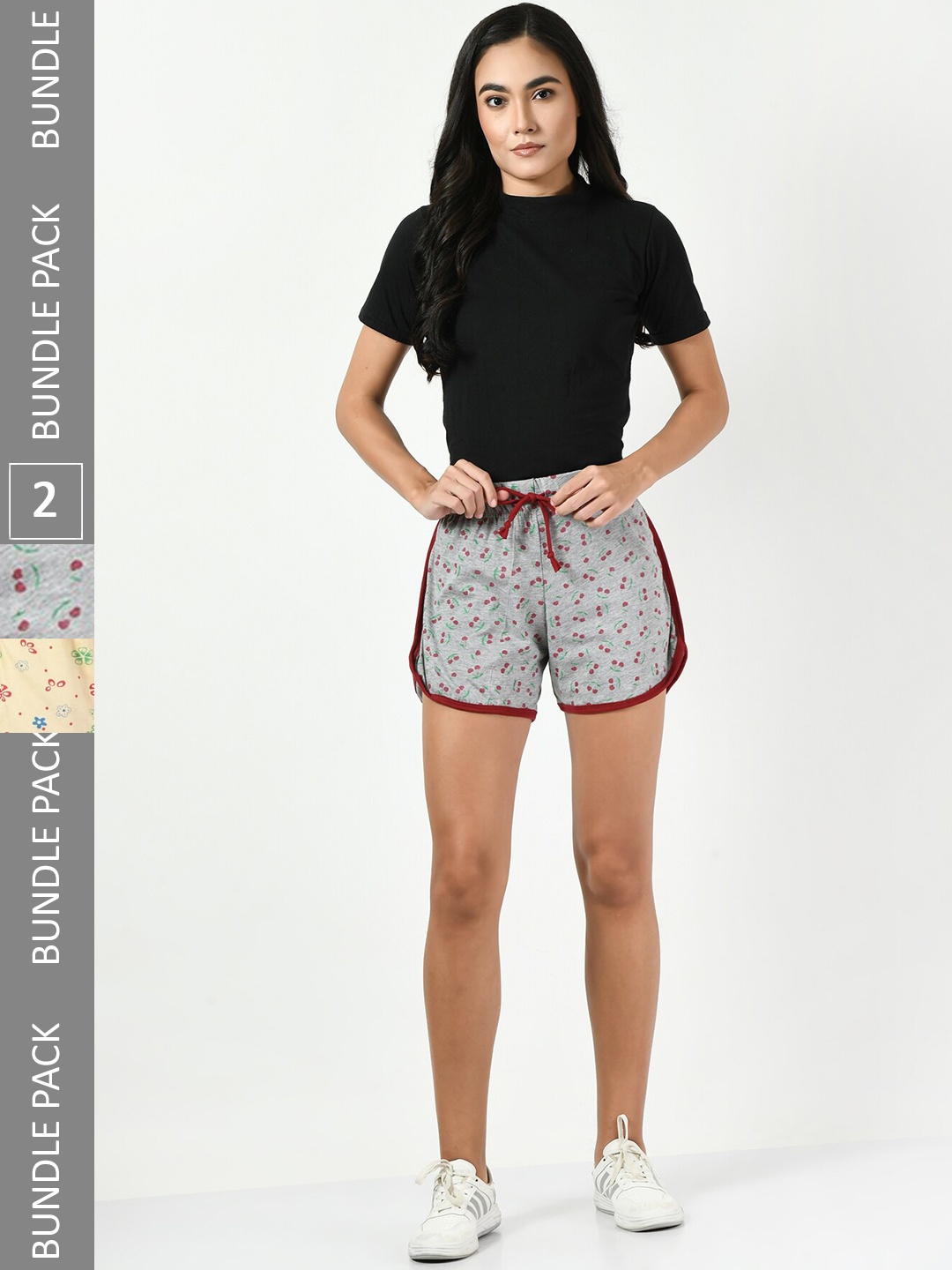 

BAESD Women Pack of 2 Printed High-Rise Pure Cotton Shorts, Grey
