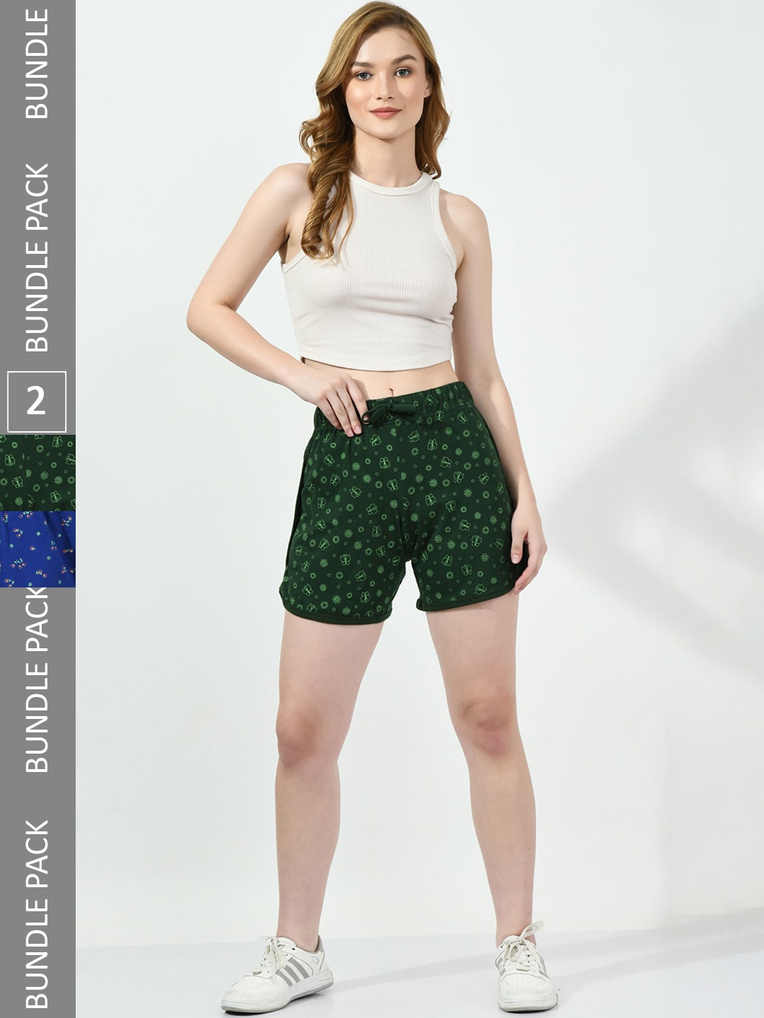 

BAESD Women Pack of 2 Printed High-Rise Pure Cotton Shorts, Green