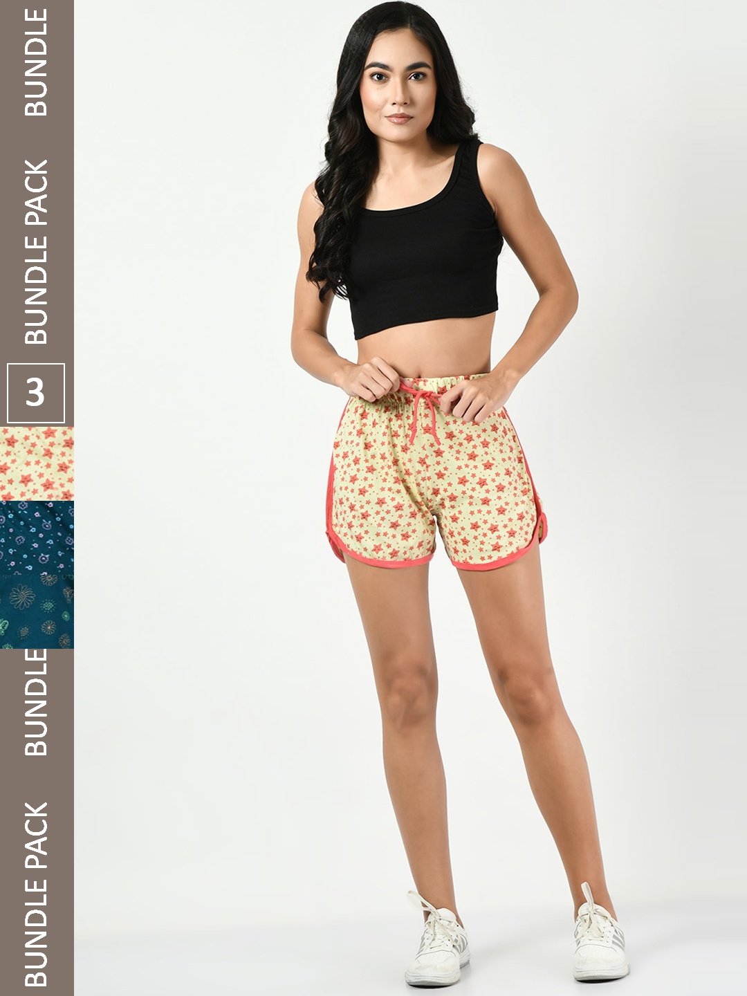 

BAESD Women Pack of 3 Printed High-Rise Pure Cotton Shorts, Yellow