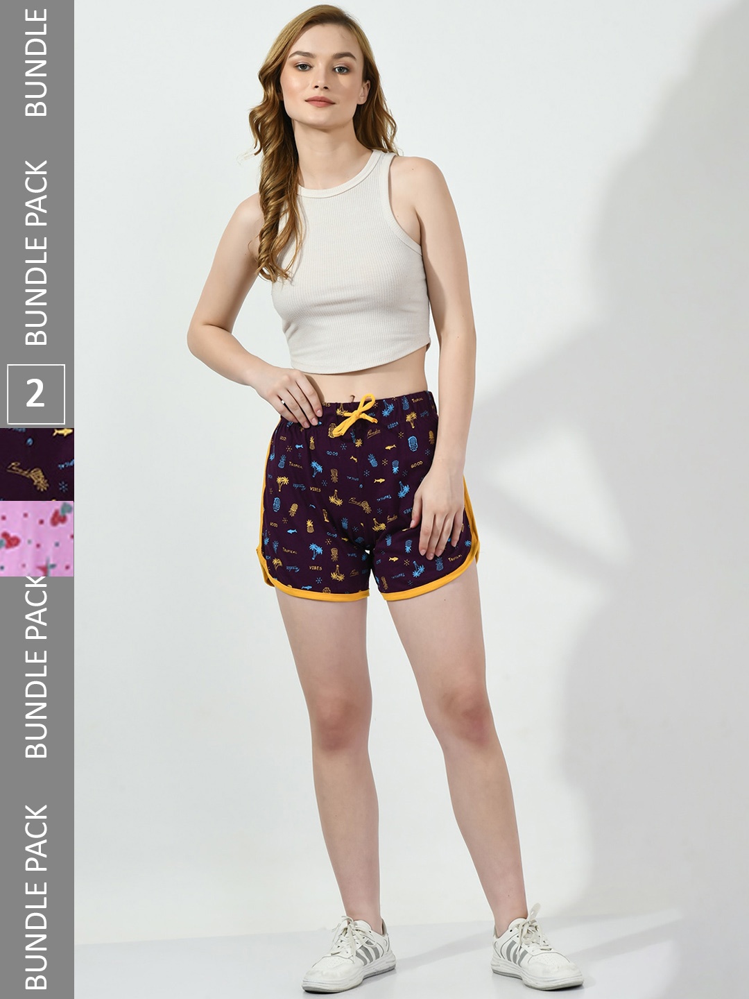 

BAESD Women Pack Of 2 Conversational Printed High-Rise Pure Cotton Shorts, Purple