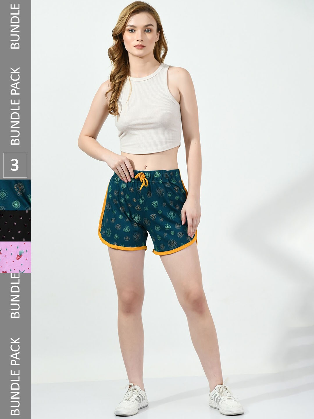 

BAESD Women Pack Of 3 Conversational Printed High-Rise Pure Cotton Shorts, Teal