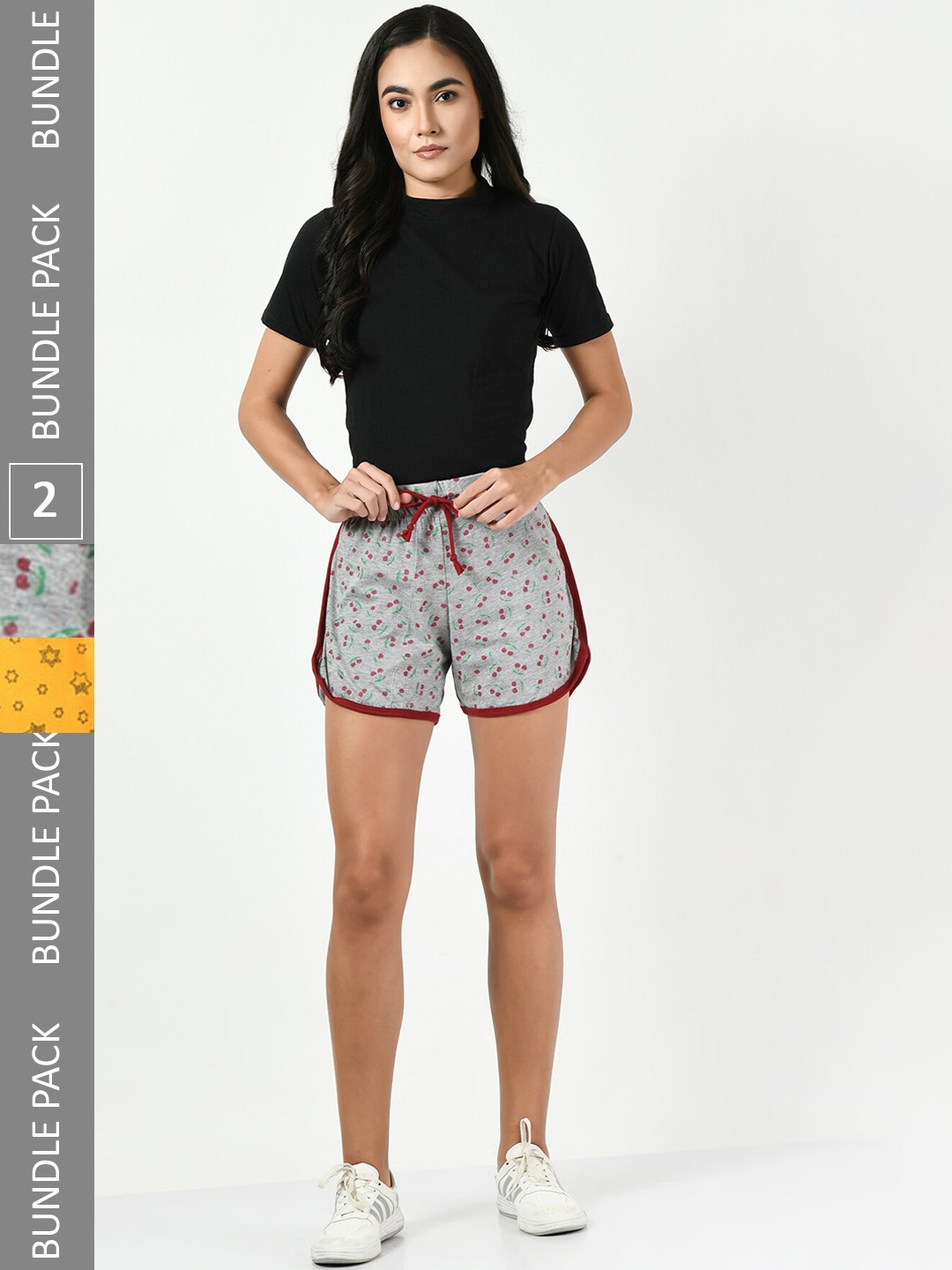 

BAESD Women Pack Of 2 High-Rise Floral Printed Pure Cotton Shorts, Grey