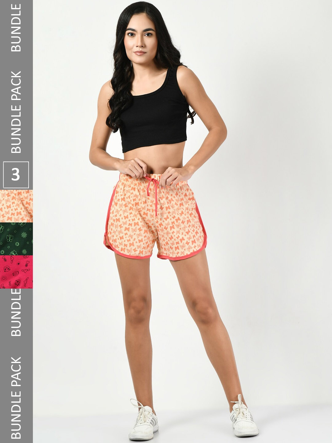 

BAESD Women Pack Of 3 High-Rise Floral Printed Pure Cotton Shorts, Peach