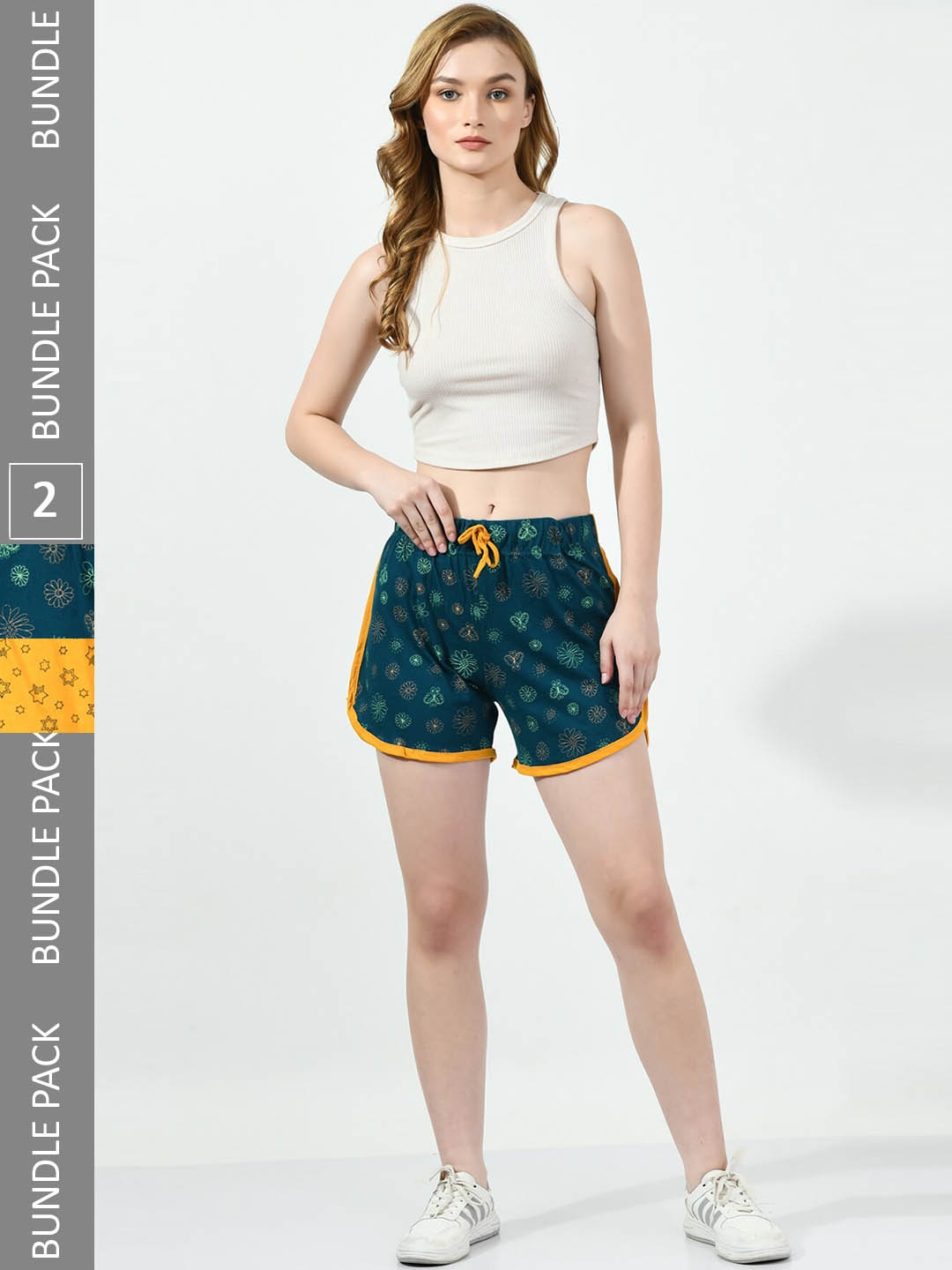 

BAESD Women Pack Of 2 High-Rise Floral Printed Pure Cotton Shorts, Teal