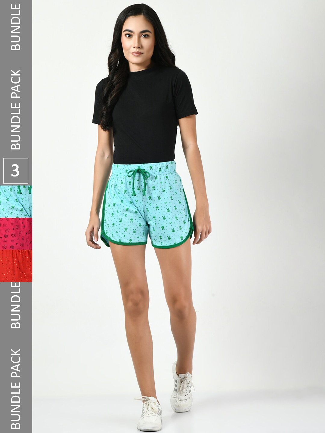 

BAESD Women Pack Of 3 High-Rise Floral Printed Pure Cotton Shorts, Turquoise blue