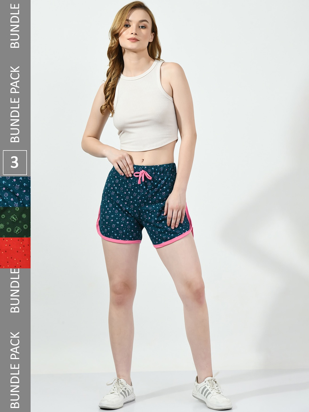 

BAESD Women Pack Of 3 Conversational Printed High-Rise Cotton Shorts, Teal