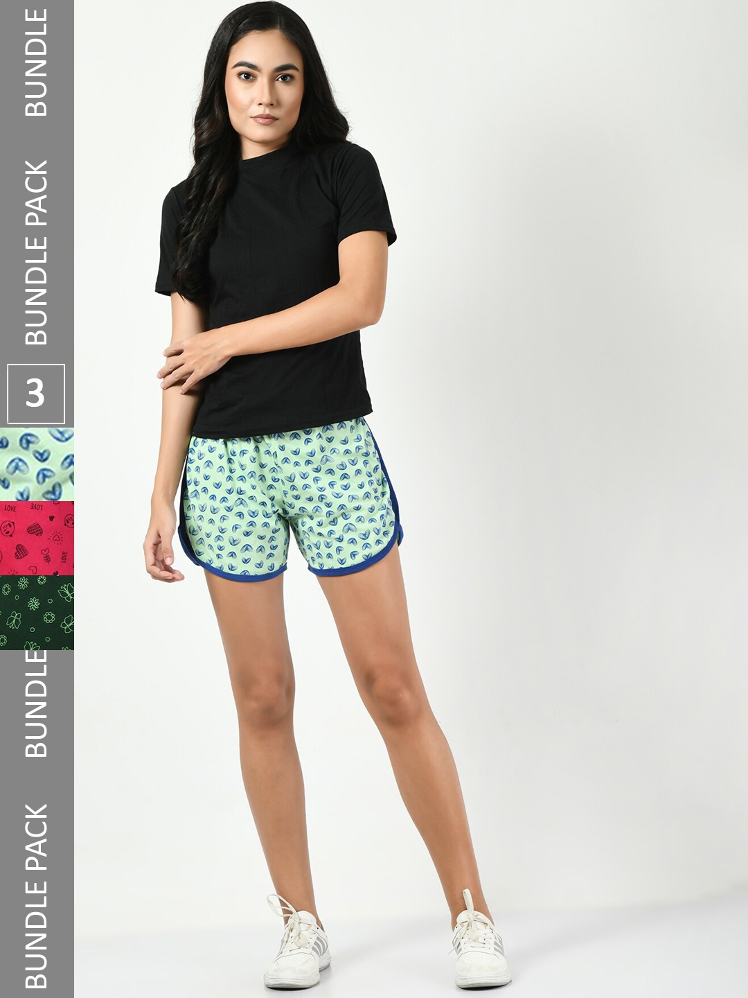 

BAESD Women Pack Of 3 Conversational Printed High-Rise Pure Cotton Shorts, Green