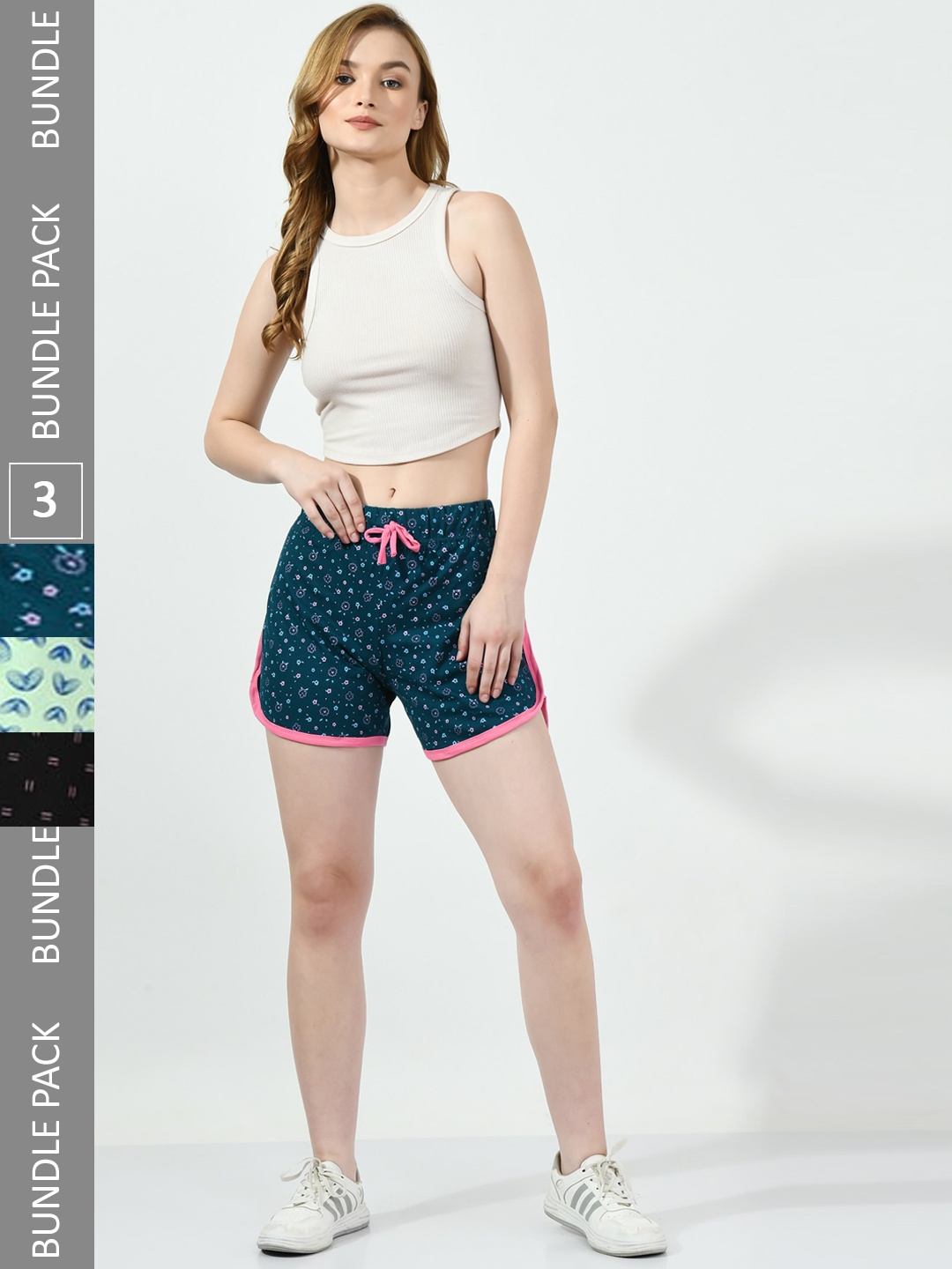 

BAESD Women Pack Of 3 Conversational Printed High-Rise Pure Cotton Shorts, Teal