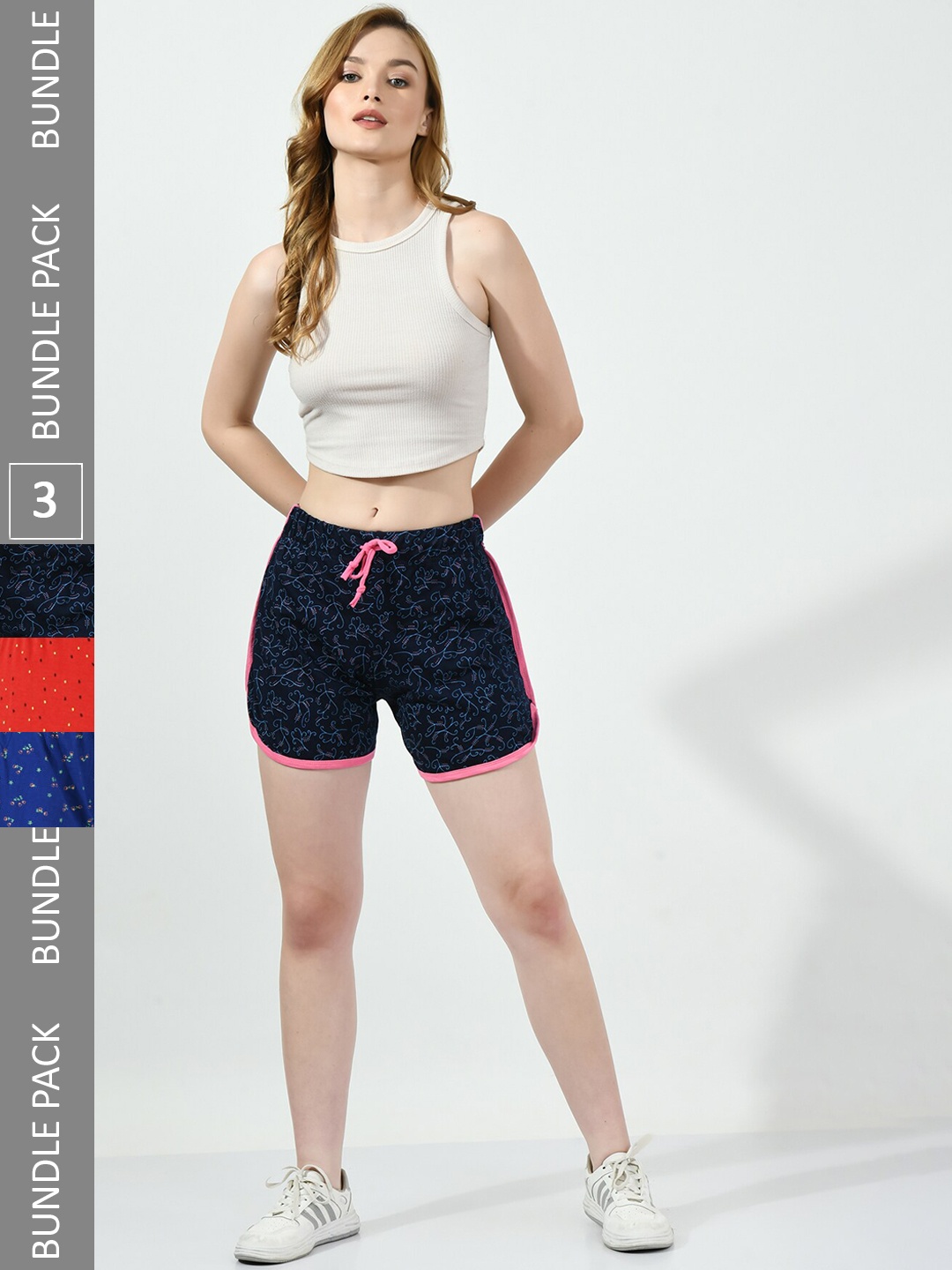 

BAESD Women Pack of 3 Printed Pure Cotton Hot Pants Shorts, Navy blue