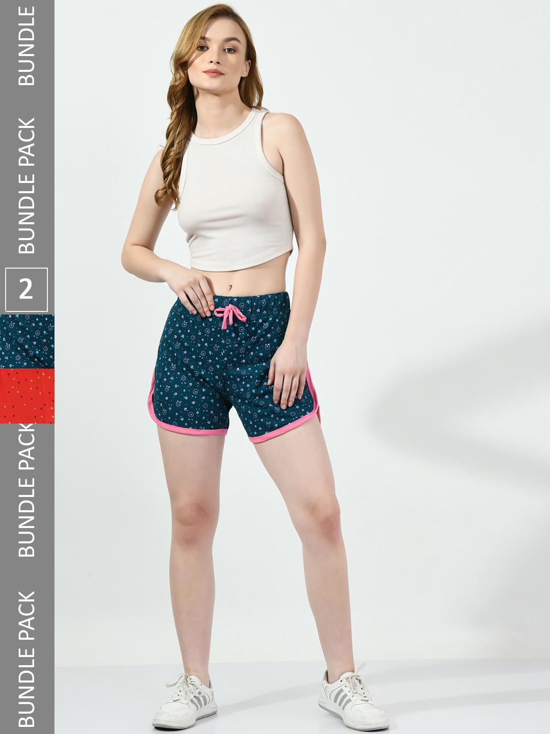 

BAESD Women Pack Of 2 Printed Pure Cotton Hotpants Shorts, Teal